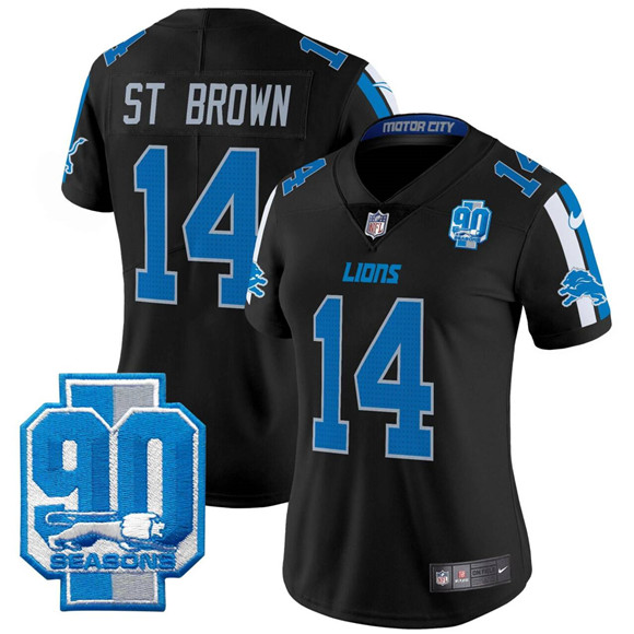 Women's Detroit Lions #14 Amon-Ra St. Brown Black 2025 90th Year Patch Vapor Limited Stitched Football Jersey(Run Small)
